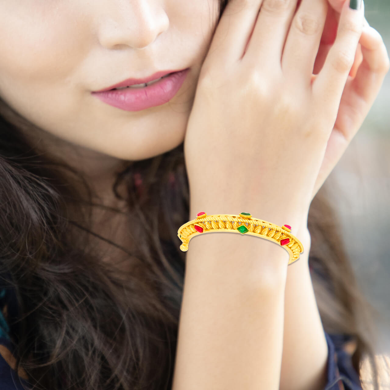 Gleaming Red & Green Stone Gold Plated Bangle