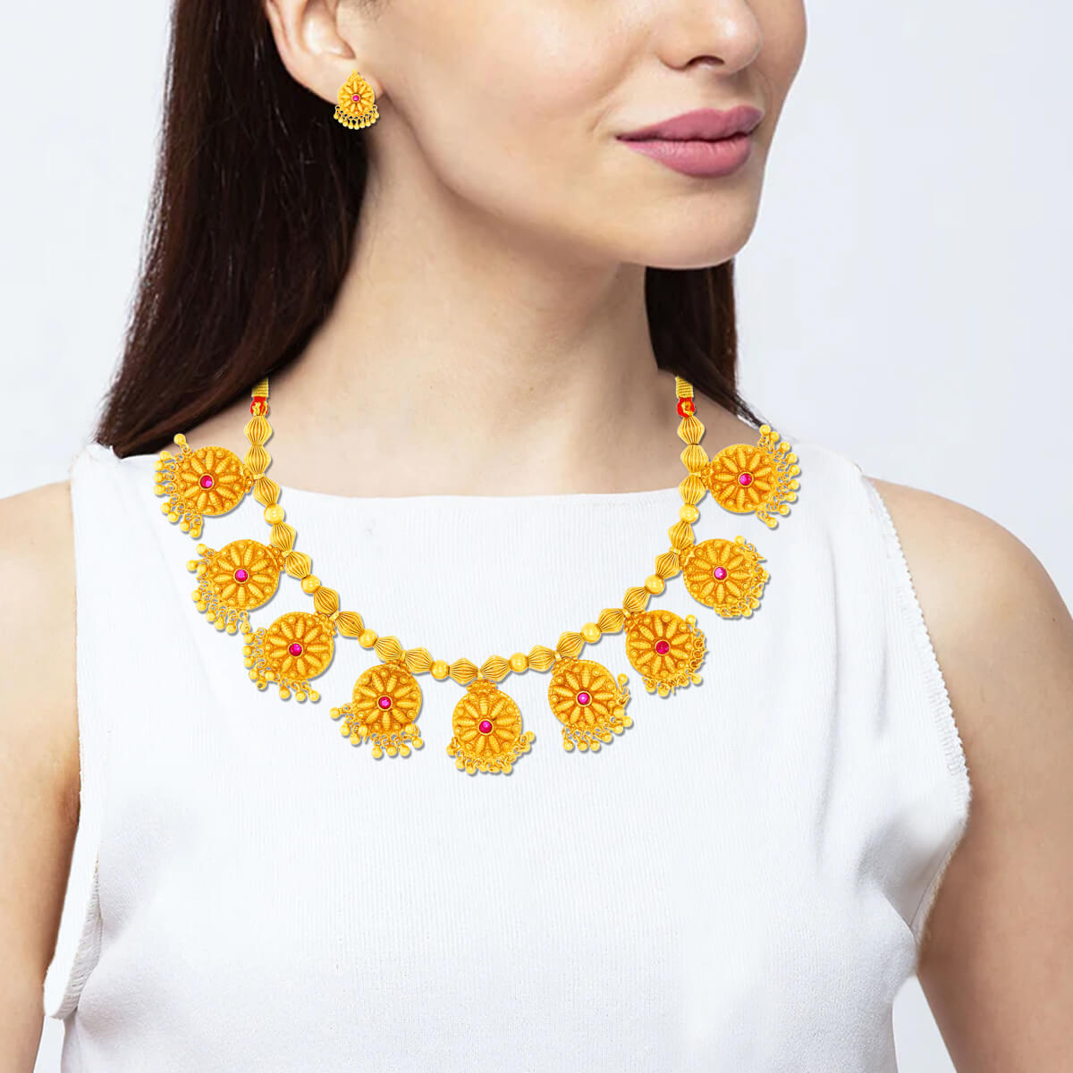 Regal Radiance Red Stone Gold Plated Necklace Set