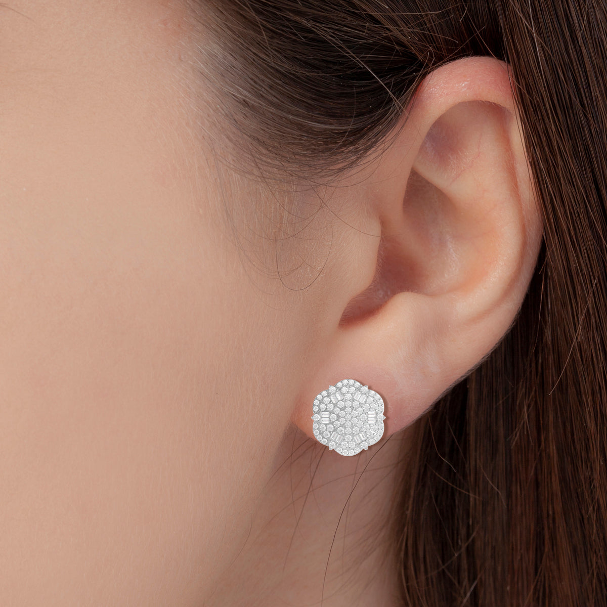 Silver Flowery Bold Diamond Stud Earrings