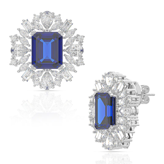 Blue Sapphire Diamond Silver Stud Earrings