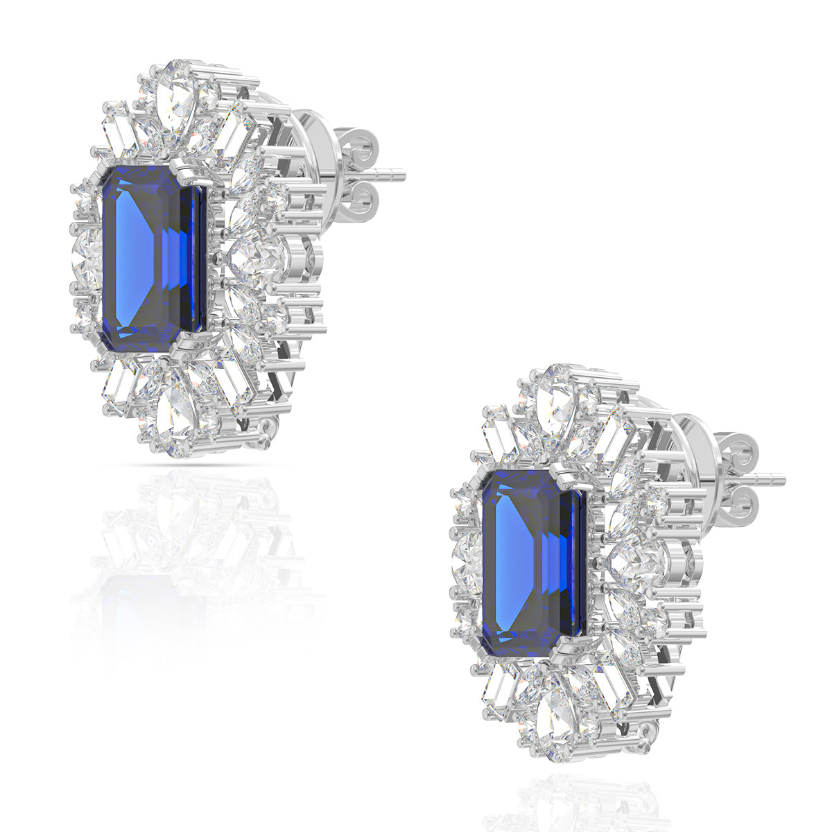 Blue Sapphire Diamond Silver Stud Earrings