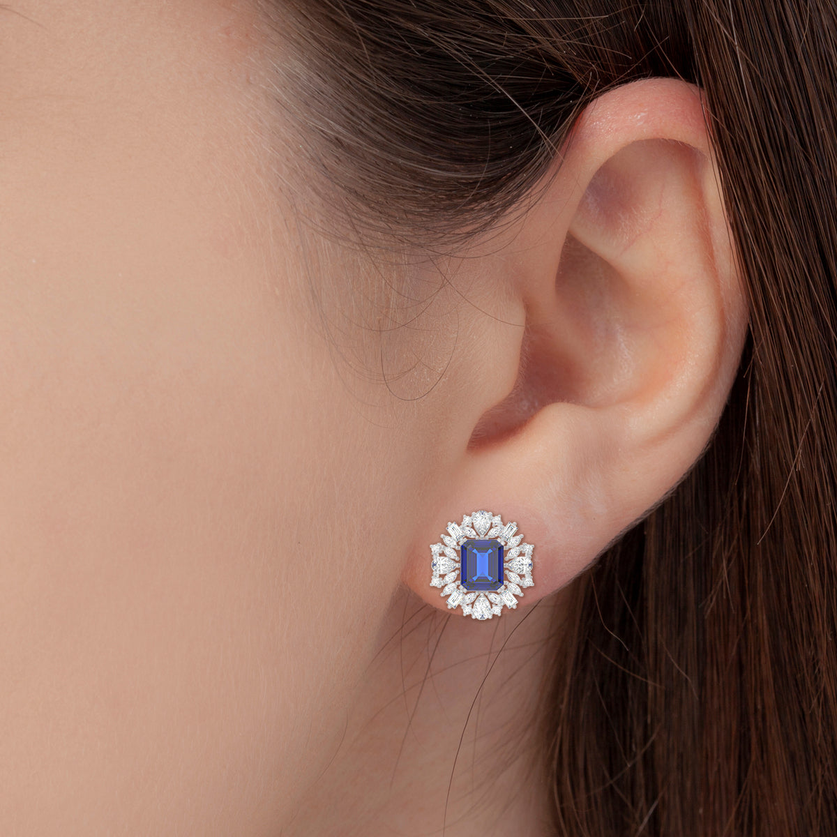 Blue Sapphire Diamond Silver Stud Earrings