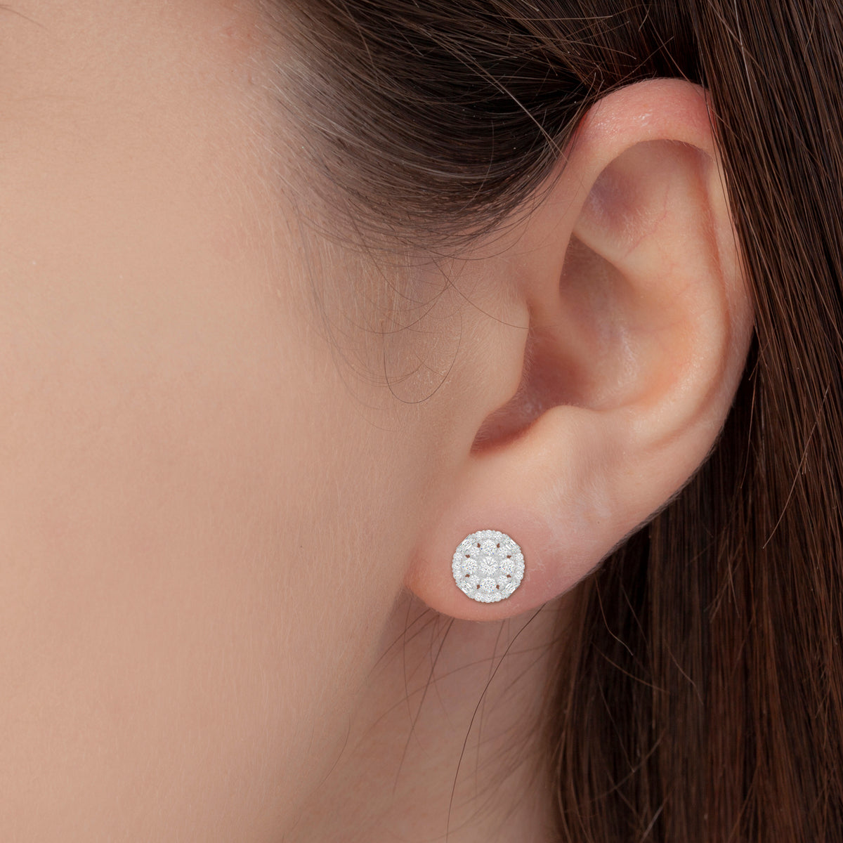 Silver Zircon Halo Round Stud Earrings